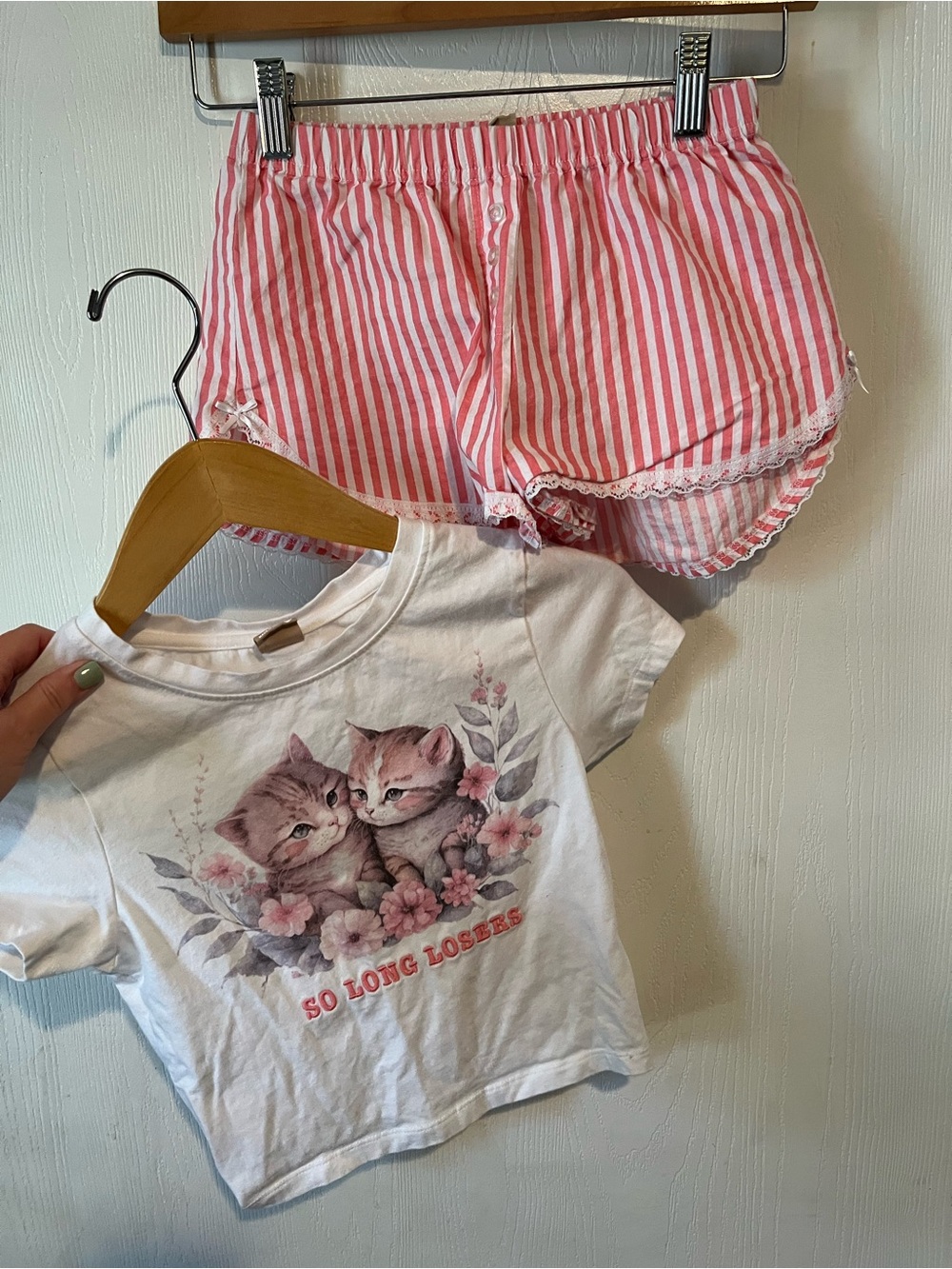 Messy Bun Just Chillin Cat Top & Shorts Pajama Set Striped Lace Sz XS
